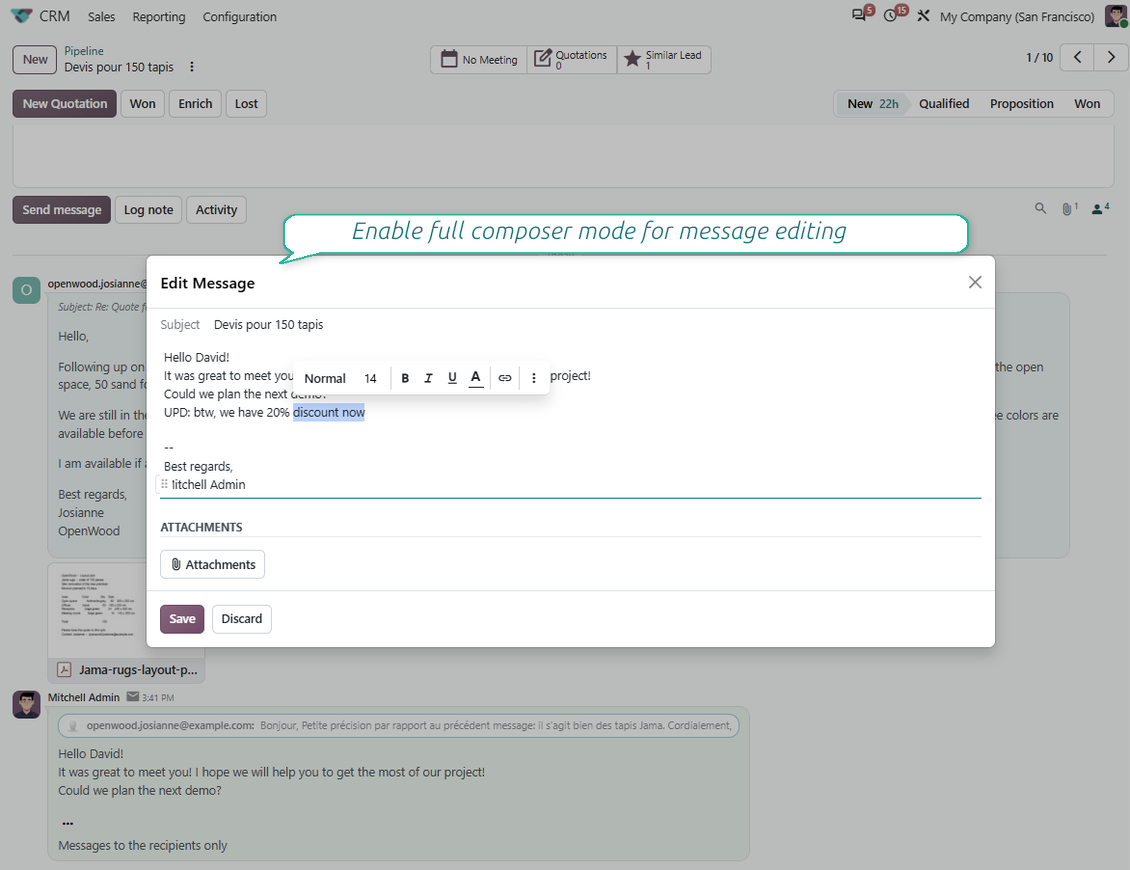 Изскачащият прозорец Edit Message в Odoo, който показва пълния режим на редактора, активиран от модула message_editing: пълен HTML редактор с инструменти за богато форматиране и управление на прикачени файлове.