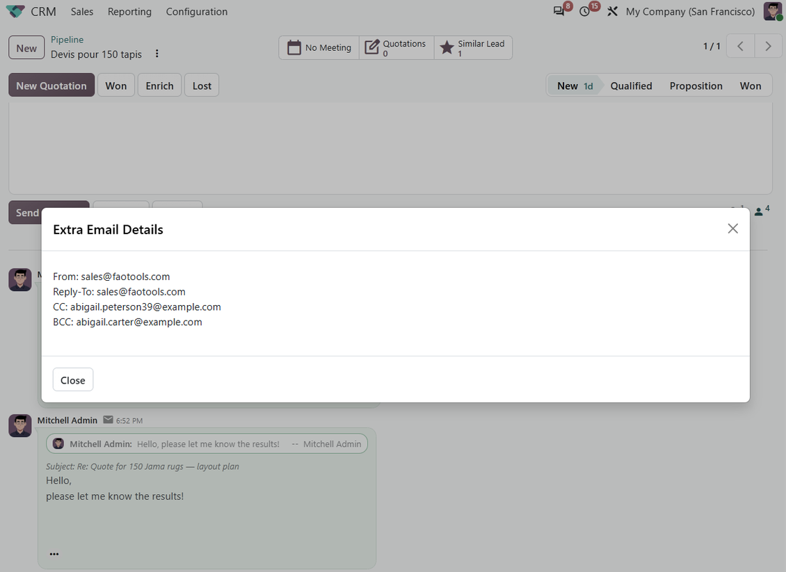Прозорец с подробности за имейла в Odoo: From, Reply-To, Cc и BCC на изпратено съобщение или From, To, Cc и Reply-To на входящо