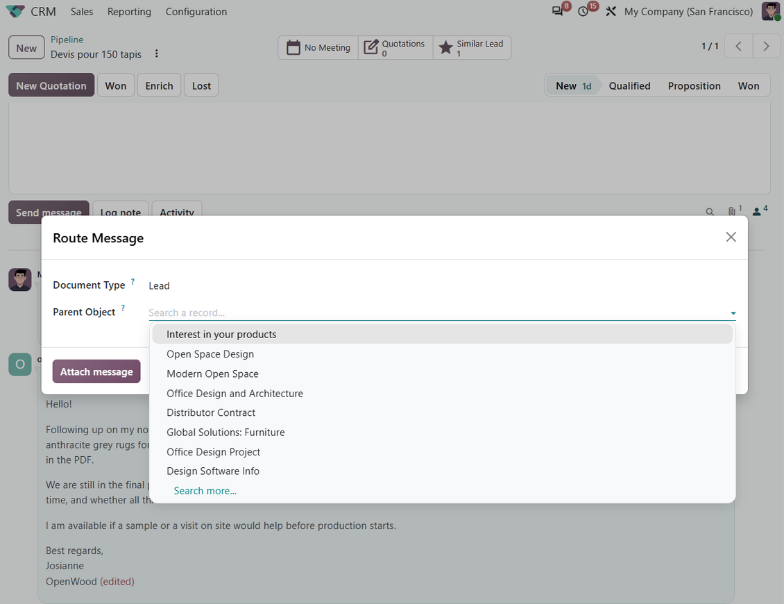 Помощник Route Message в Odoo с Document Type, зададен на Lead, и падащо меню Parent Object със съвпадащи записи
