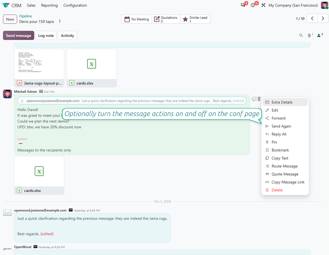 Меню за действия по съобщение в chatter на Odoo с опции Forward, Route Message, Quote Message, Copy Link и Extra Details