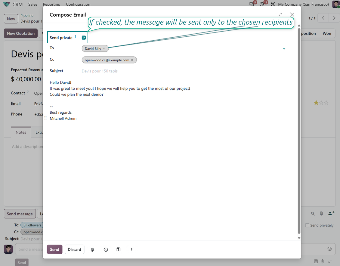 Диалогът Compose Email в Odoo с отметката Send private, която гарантира, че съобщението се доставя само до конкретните контакти в полето „To“.
