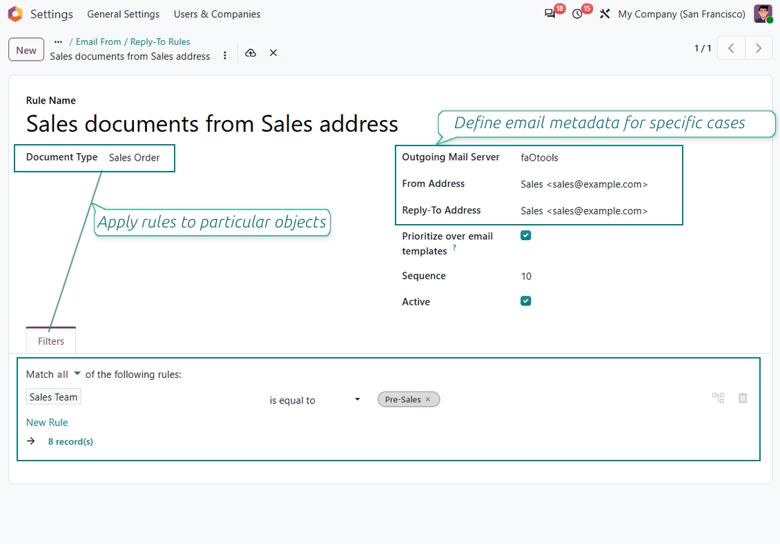 Формуляр за правило Odoo Email From, който прилага подател Support към записи Task, филтрирани по проект, с включен приоритет над шаблоните