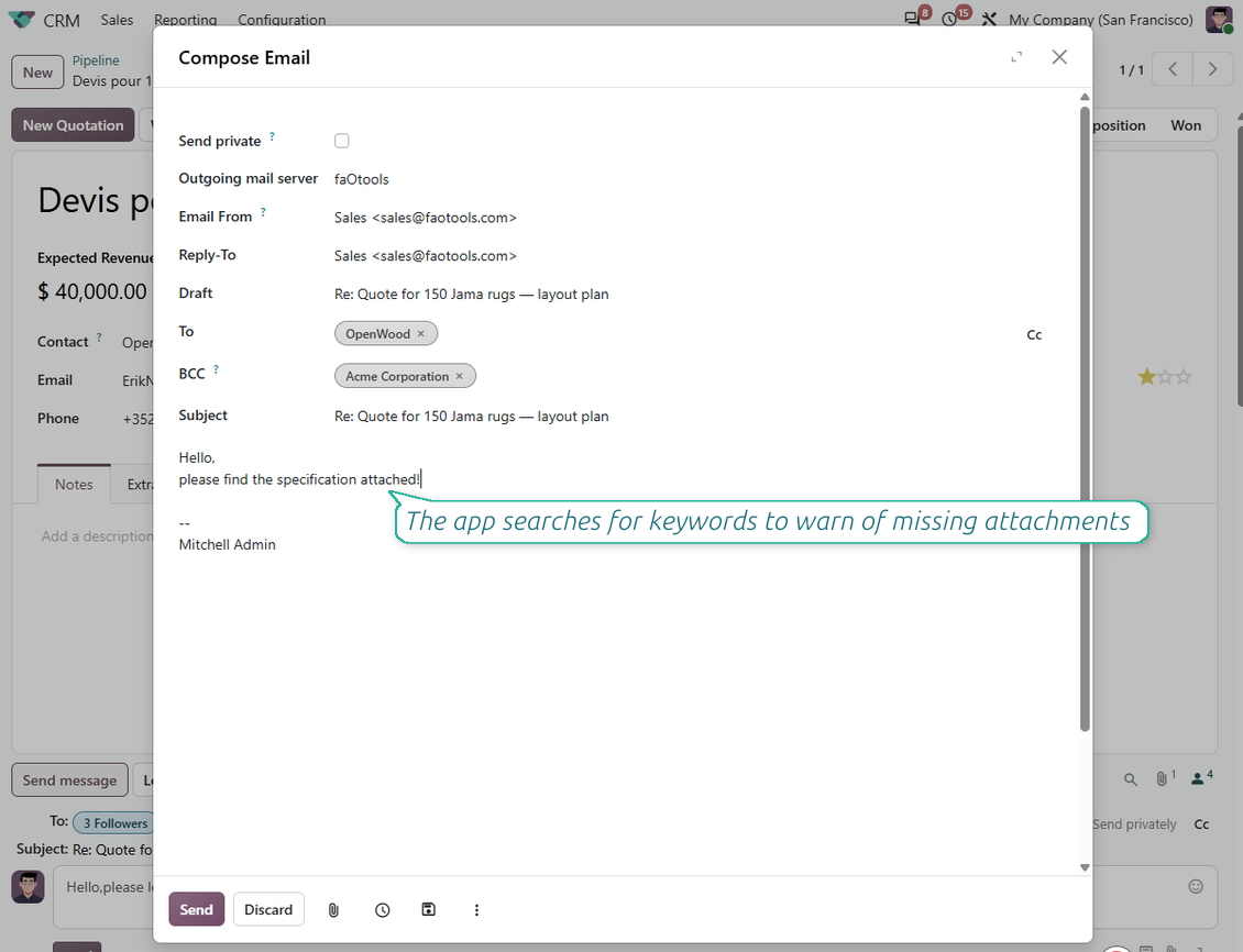 Диалог Odoo Compose Email, който откроява думата „attached“ в тялото на съобщението, с пояснение за автоматичната проверка за липсващ прикачен файл