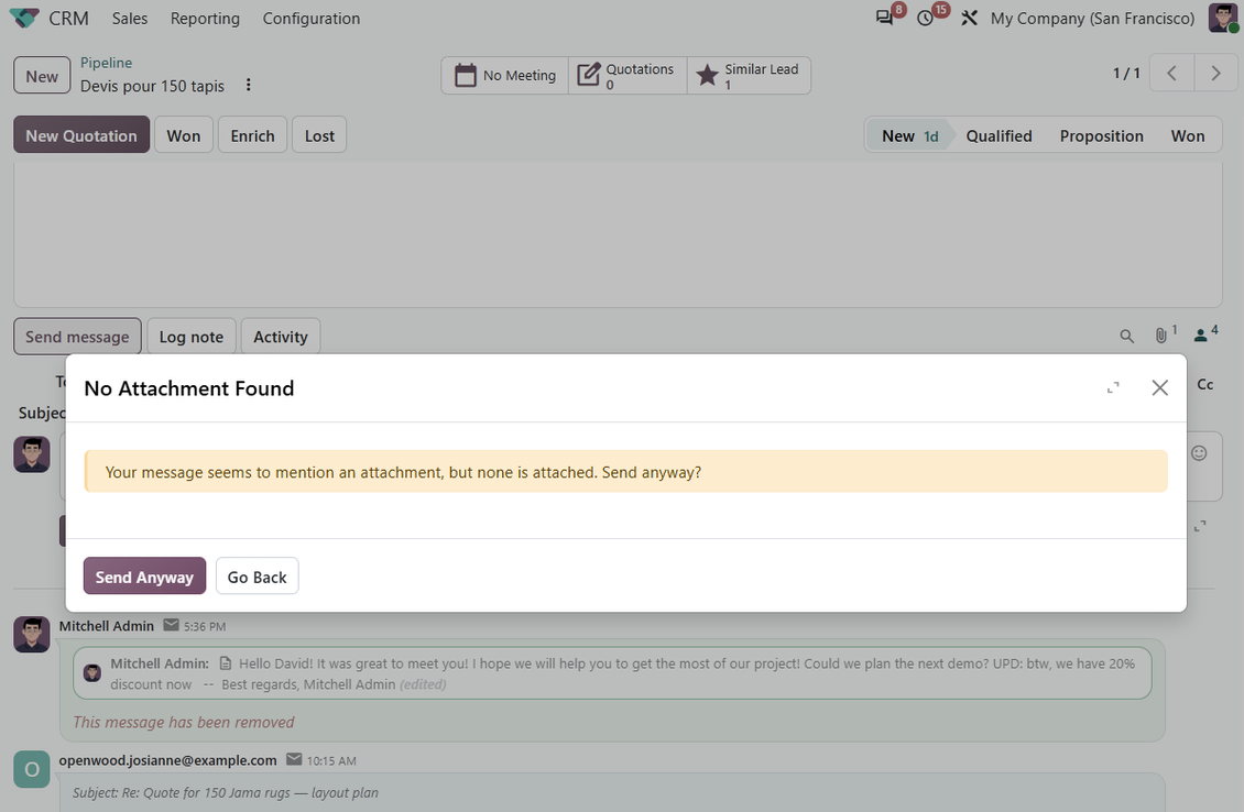 Диалог за предупреждение в Odoo с текста „Your message seems to mention an attachment, but none is attached. Send anyway?“ и бутони Send Anyway и Go Back