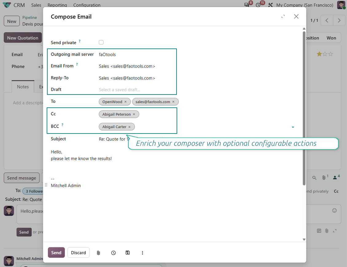 Пълен редактор на имейл в Odoo с лично изпращане, ред Cc на Odoo, поле BCC на комплекта и незадължителна подсказка за настройваеми действия