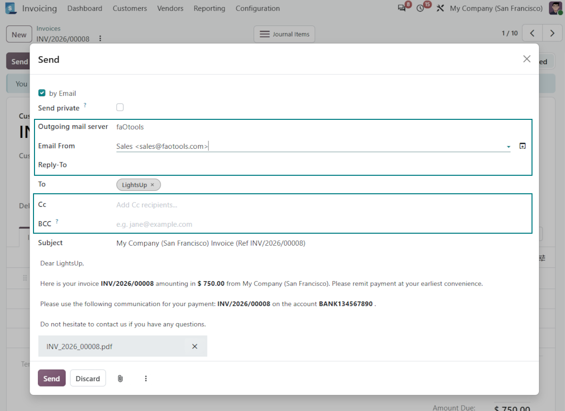 Odoo की Cc पंक्ति, सूट का BCC और Odoo Messaging Suite से Email From व Reply-To वाला चालान भेजने का सहायक