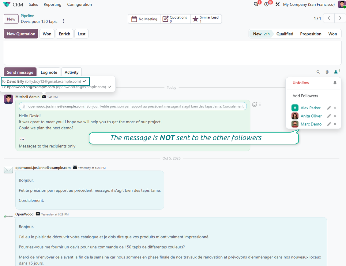 Odoo chatter showing a message delivered only to the selected recipient, hidden from other followers