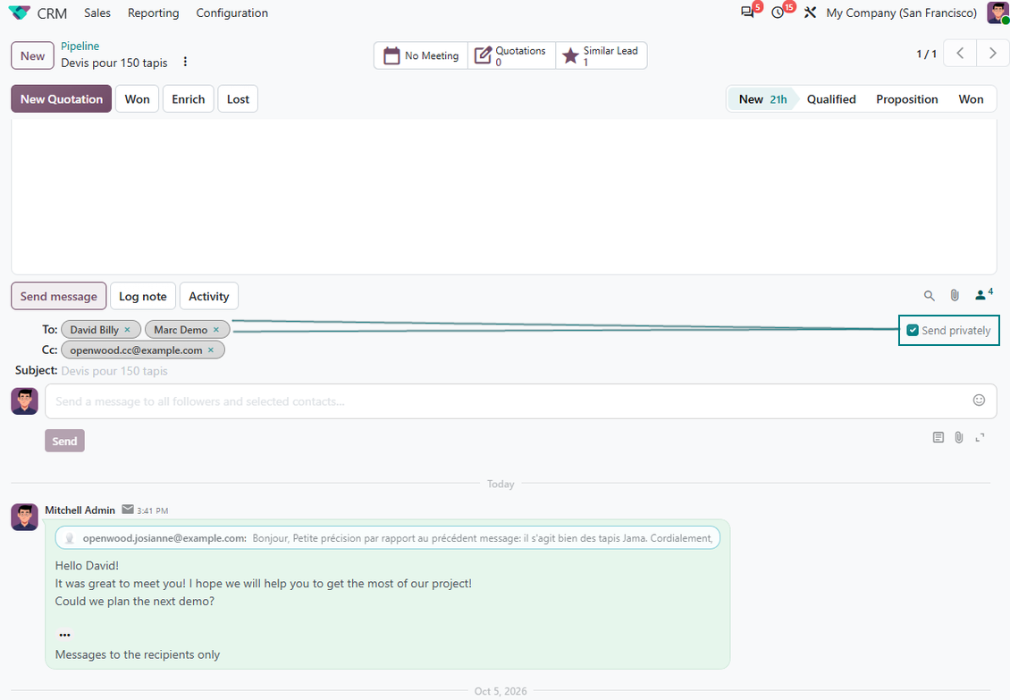 Odoo chatter with Send privately checkbox next to the recipient list