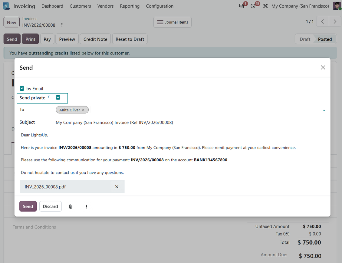 Odoo invoice Send and Print wizard with the Send private option enabled