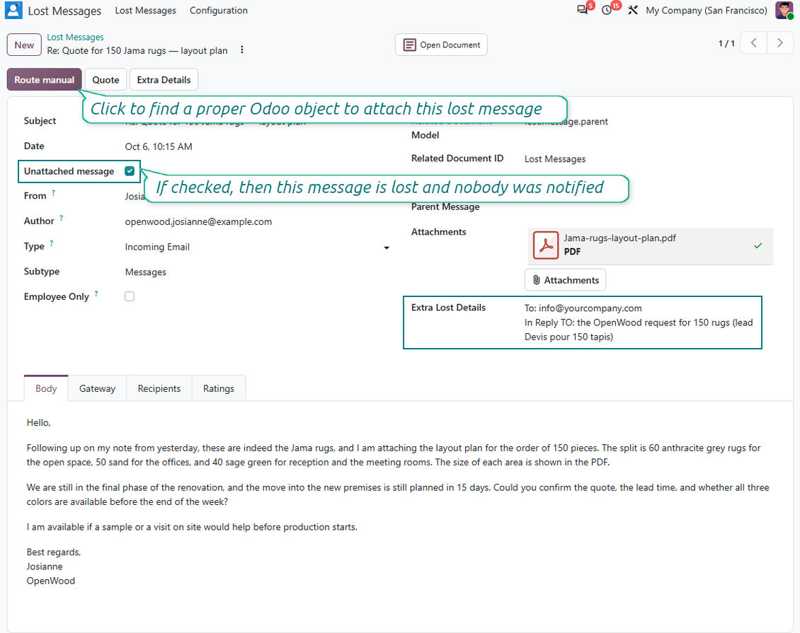 Odoo Lost Messages Routing показва действието Route Manual за възстановяване на неприкачен имейл