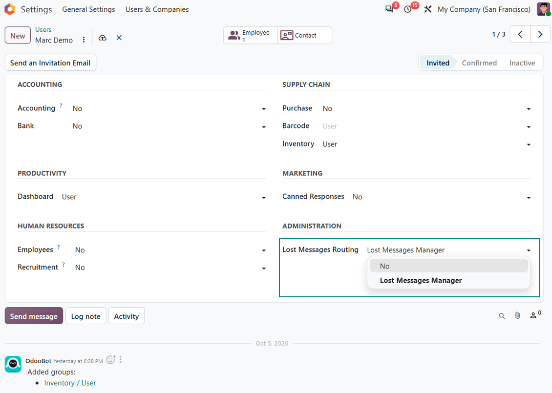 Настройките за потребителски достъп в Odoo показват правото Lost Messages Manager, което определя кой управлява неприкачени имейли