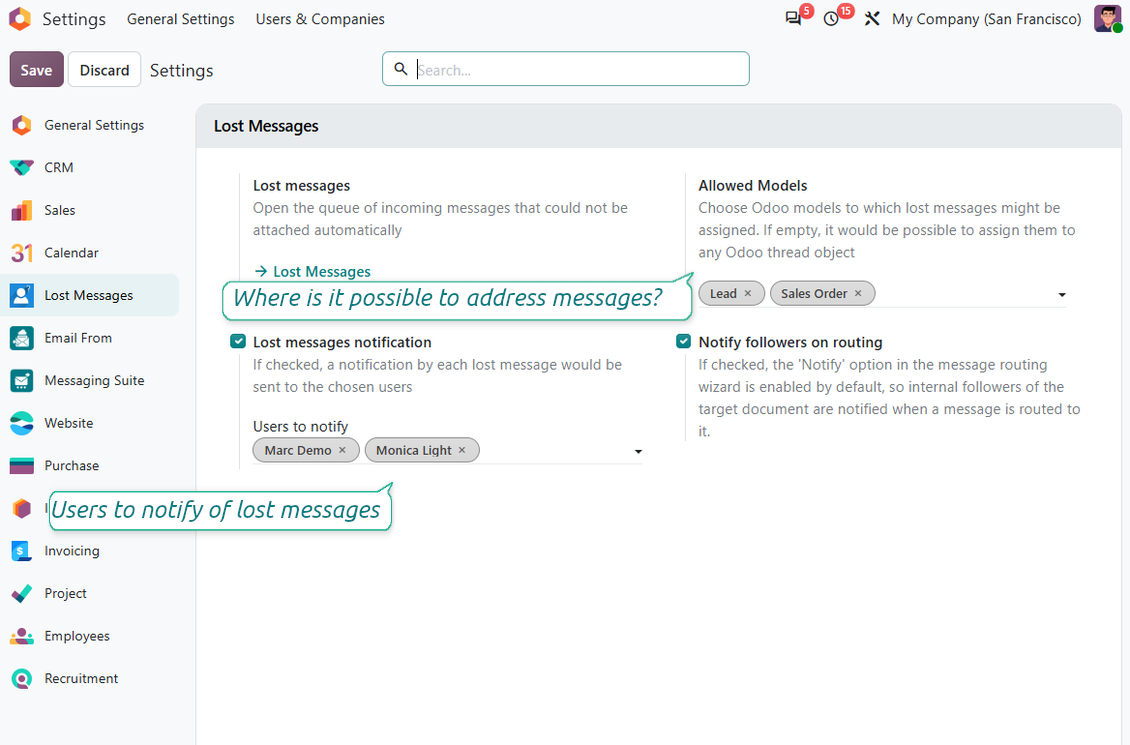 Настройките на Lost Messages Routing определят кои потребители на Odoo получават имейл известия за нови изгубени съобщения