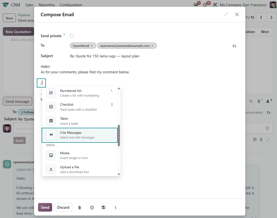 Odoo email composer quick link for citation