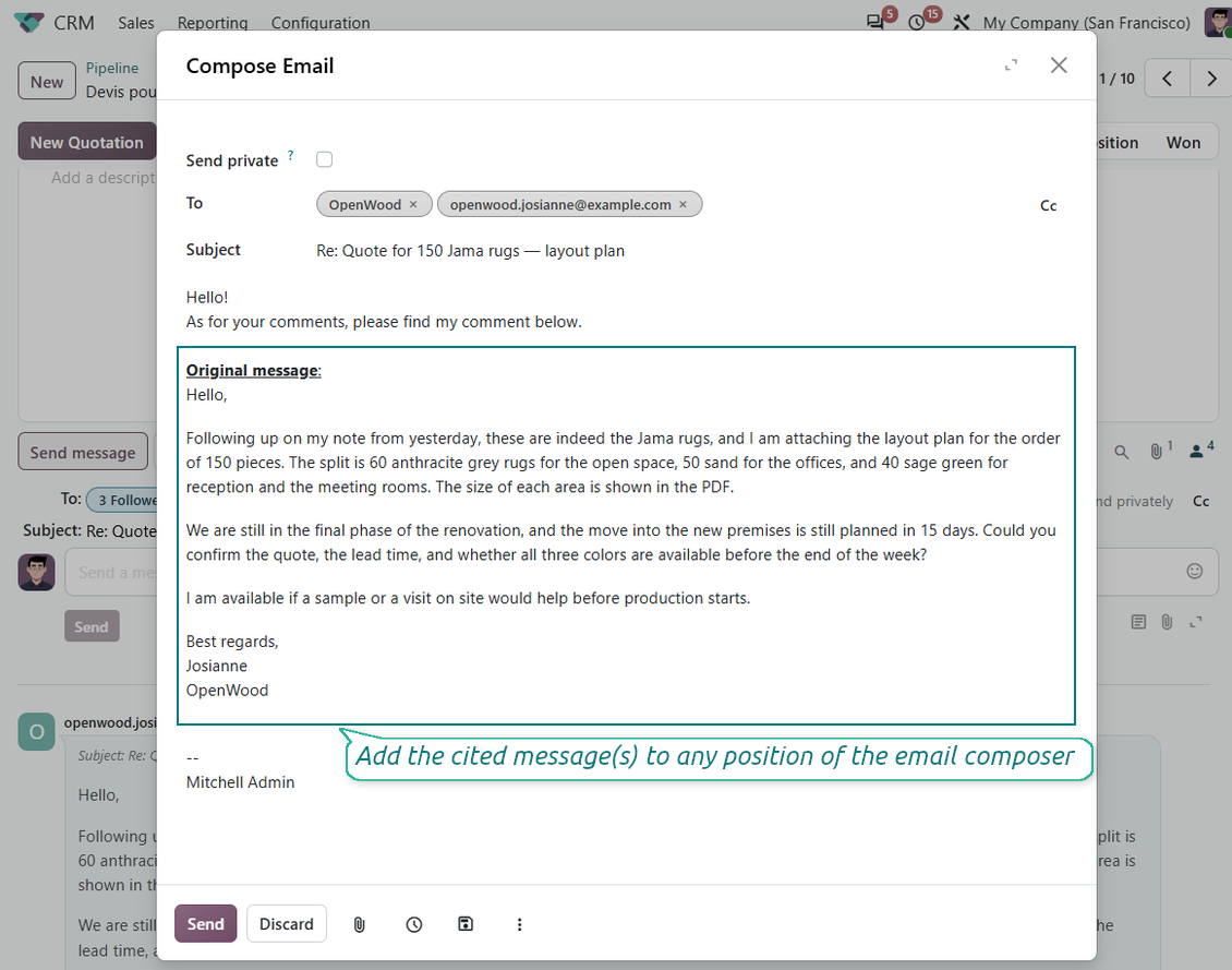 Odoo composer with quoted historical messages cited inline