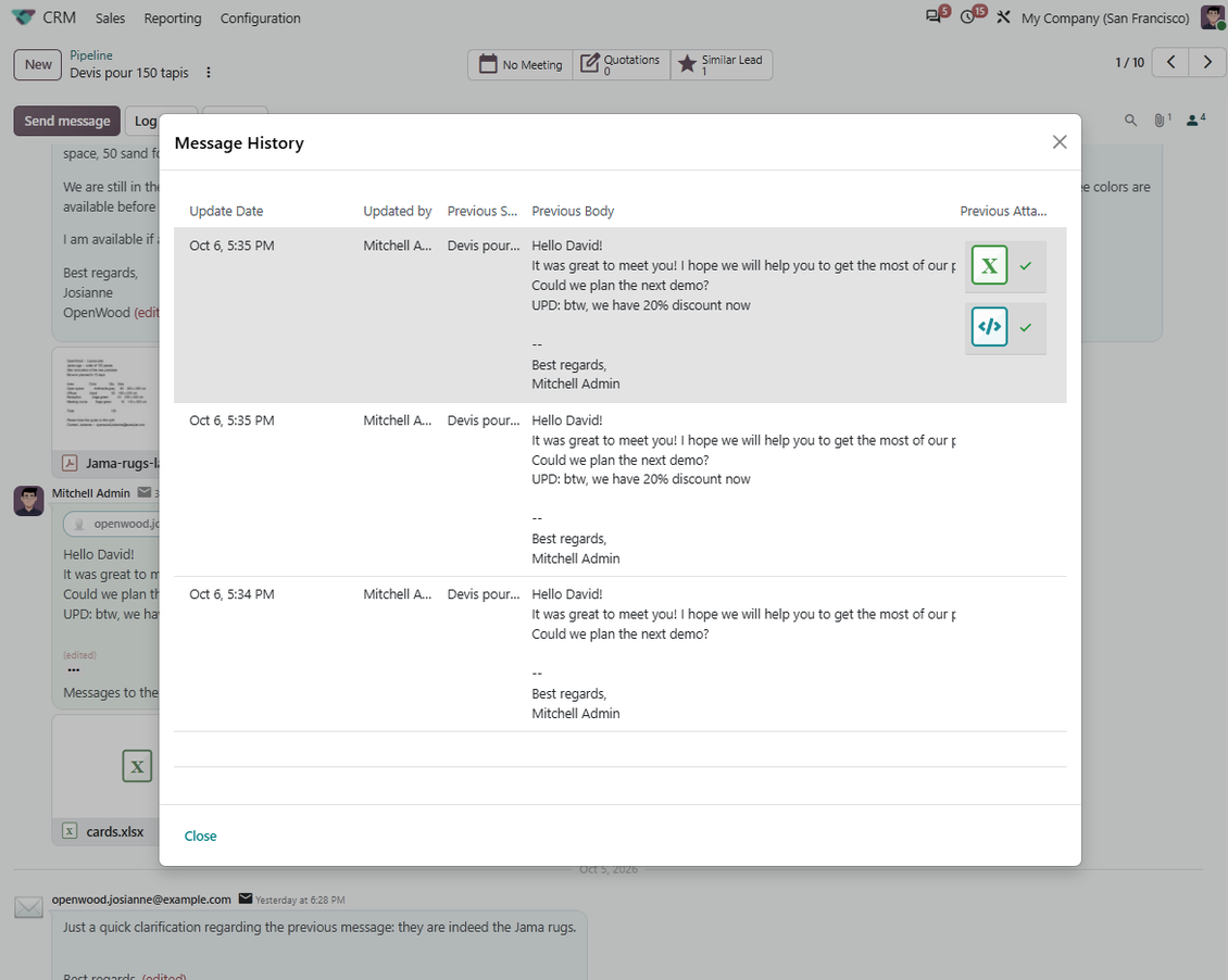 Odoo message edit history log showing previous versions of a chatter message
