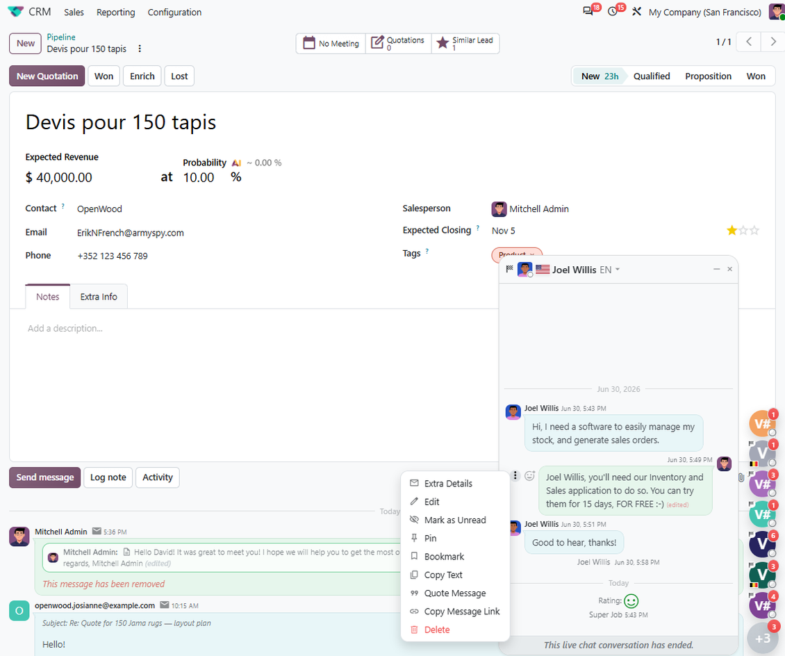 The "Edit Message" pop-up dialog within the Odoo Discuss app, demonstrating the ability to edit message text and manage attachments using the full composer mode of live chats