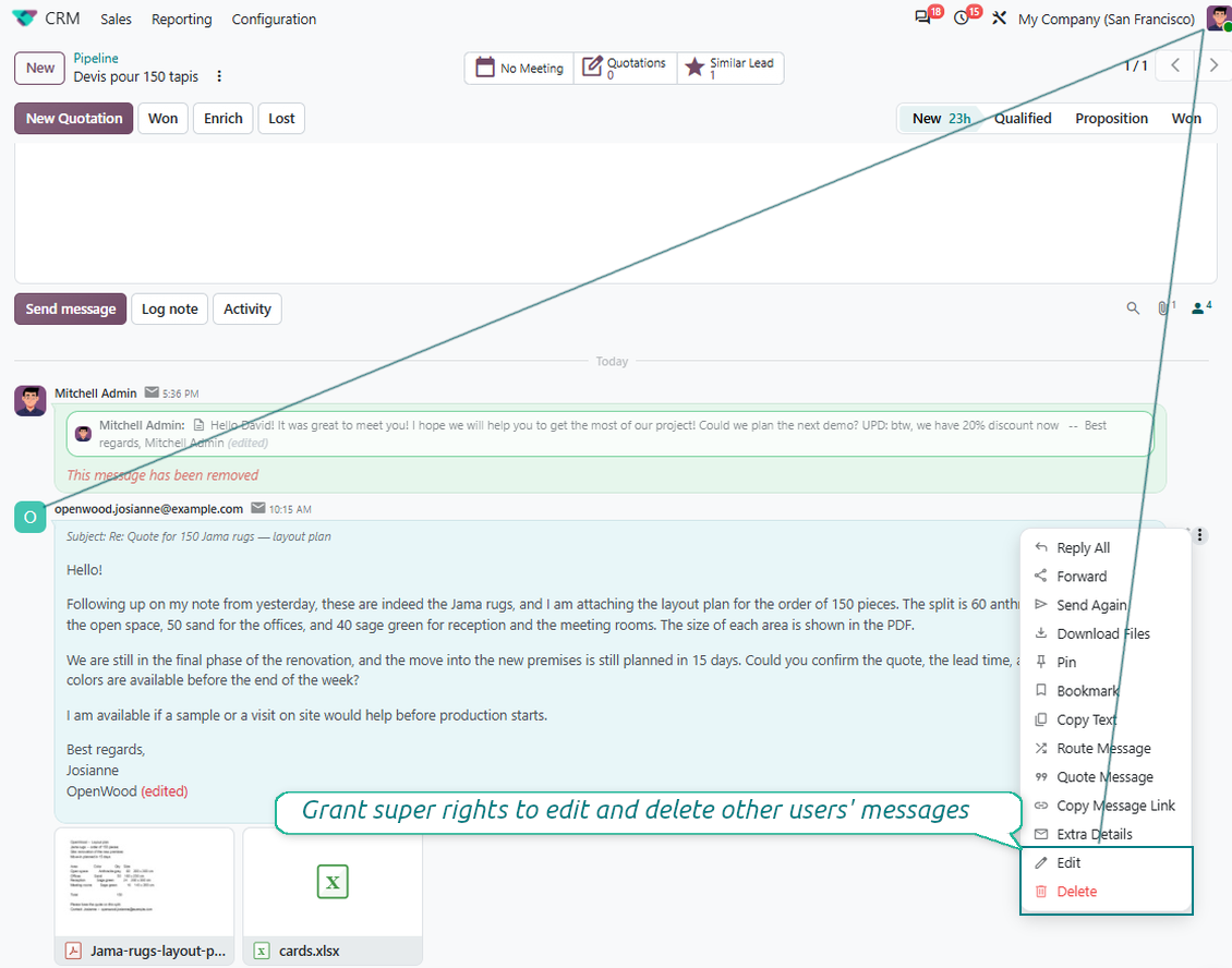 An Odoo chatter interface demonstrating advanced message_editing permissions, where a user with super rights can open the context menu to edit or delete messages posted by other users.