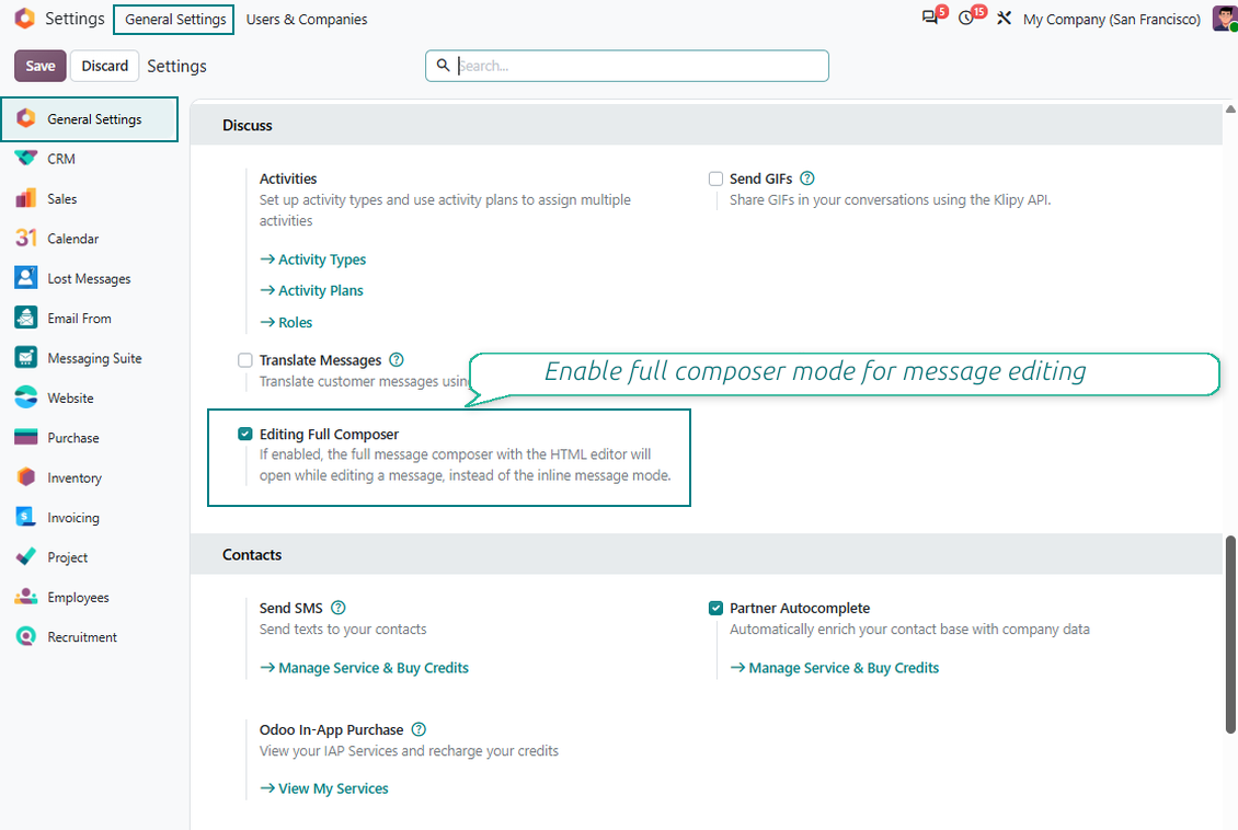 The Odoo General Settings page showing the "Editing Full Composer" feature enabled, which activates a complete HTML editor pop-up instead of inline editing