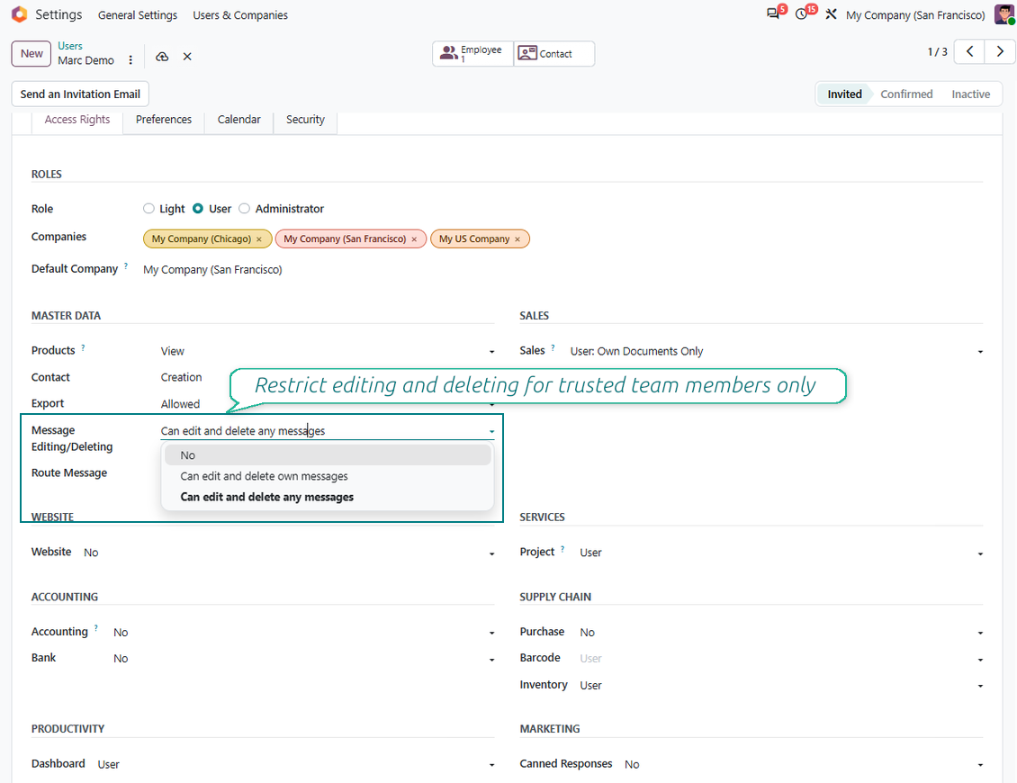 Odoo user form Message Editing rights for own messages or any messages