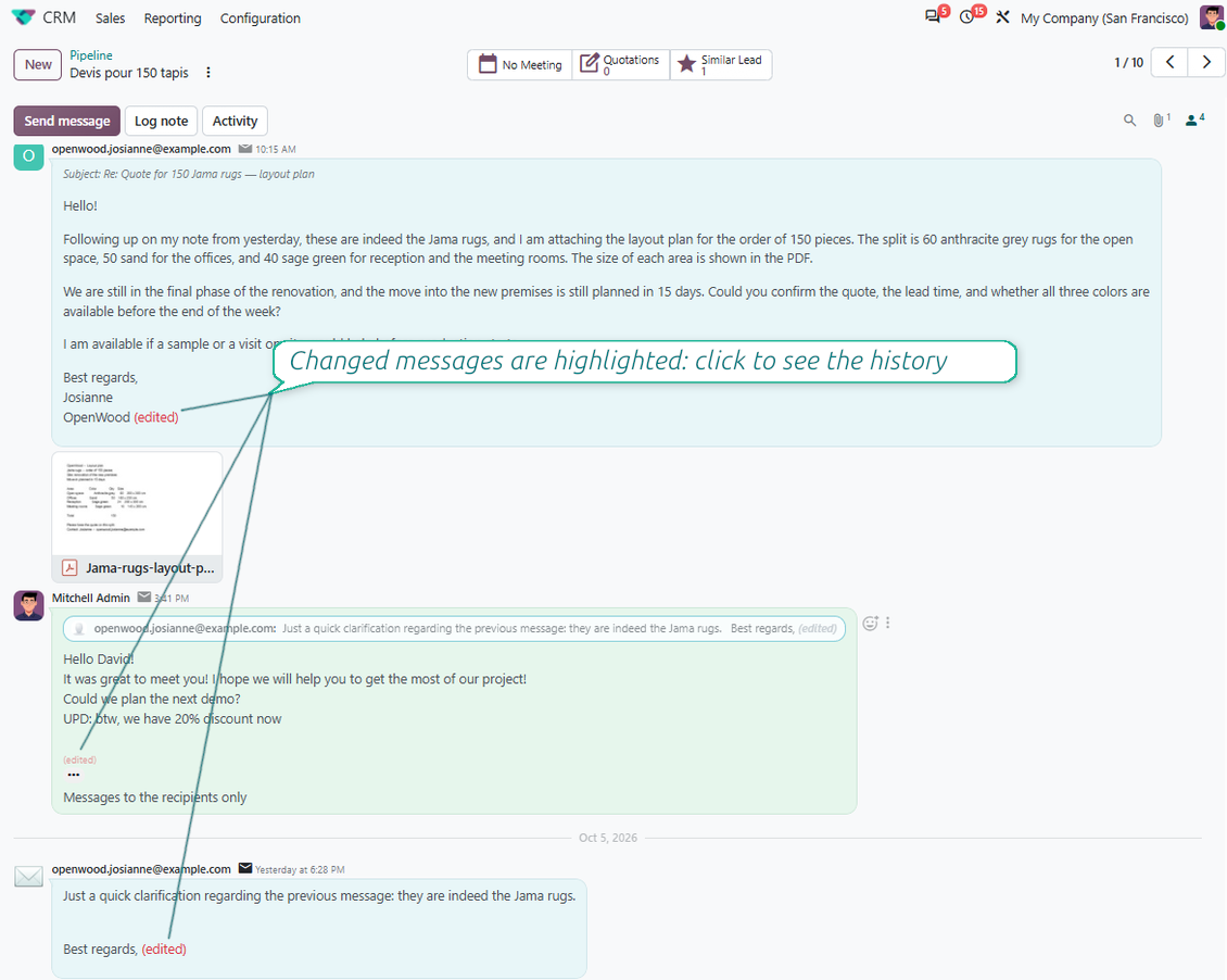 Odoo chatter interface in the message_editing module showing an "(edited)" label next to a modified message, with a callout explaining that clicking the label reveals the change history