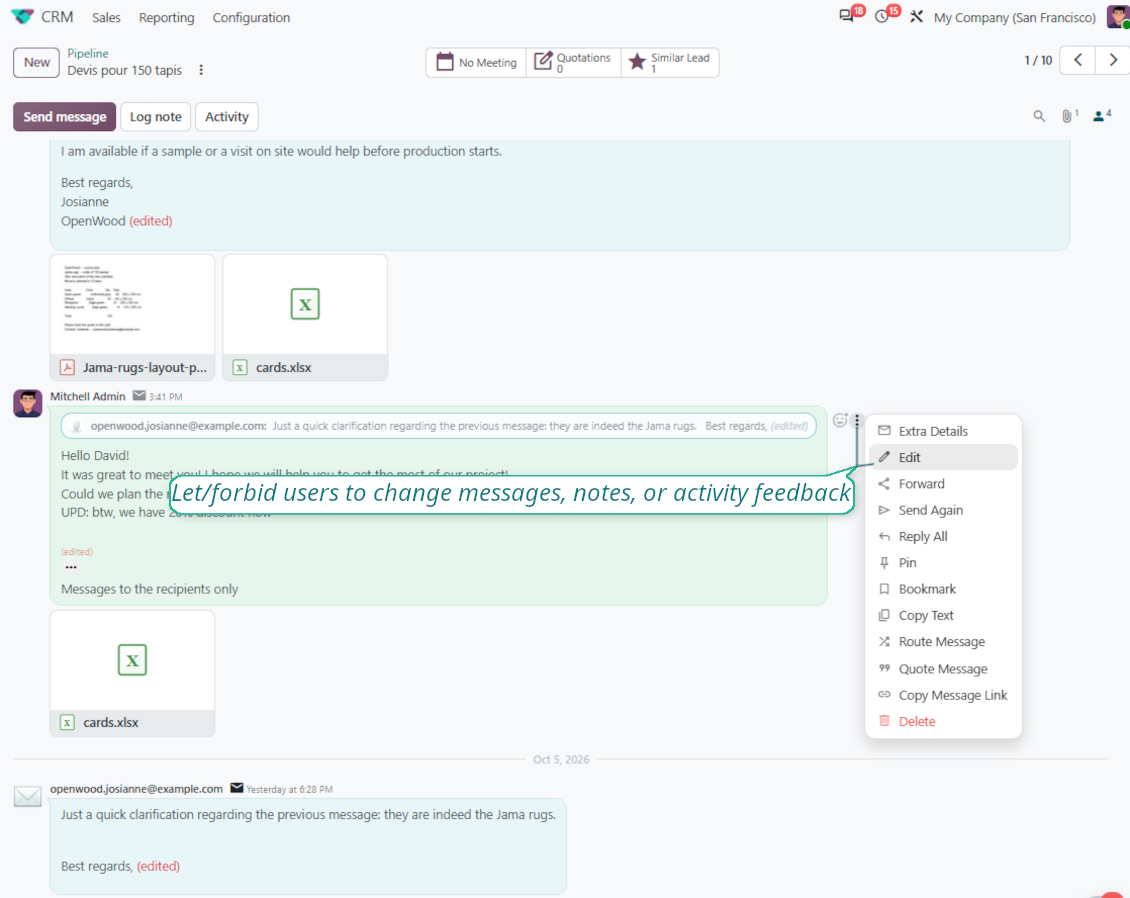 Odoo chatter message menu with Edit and Delete for notes comments and activity feedback