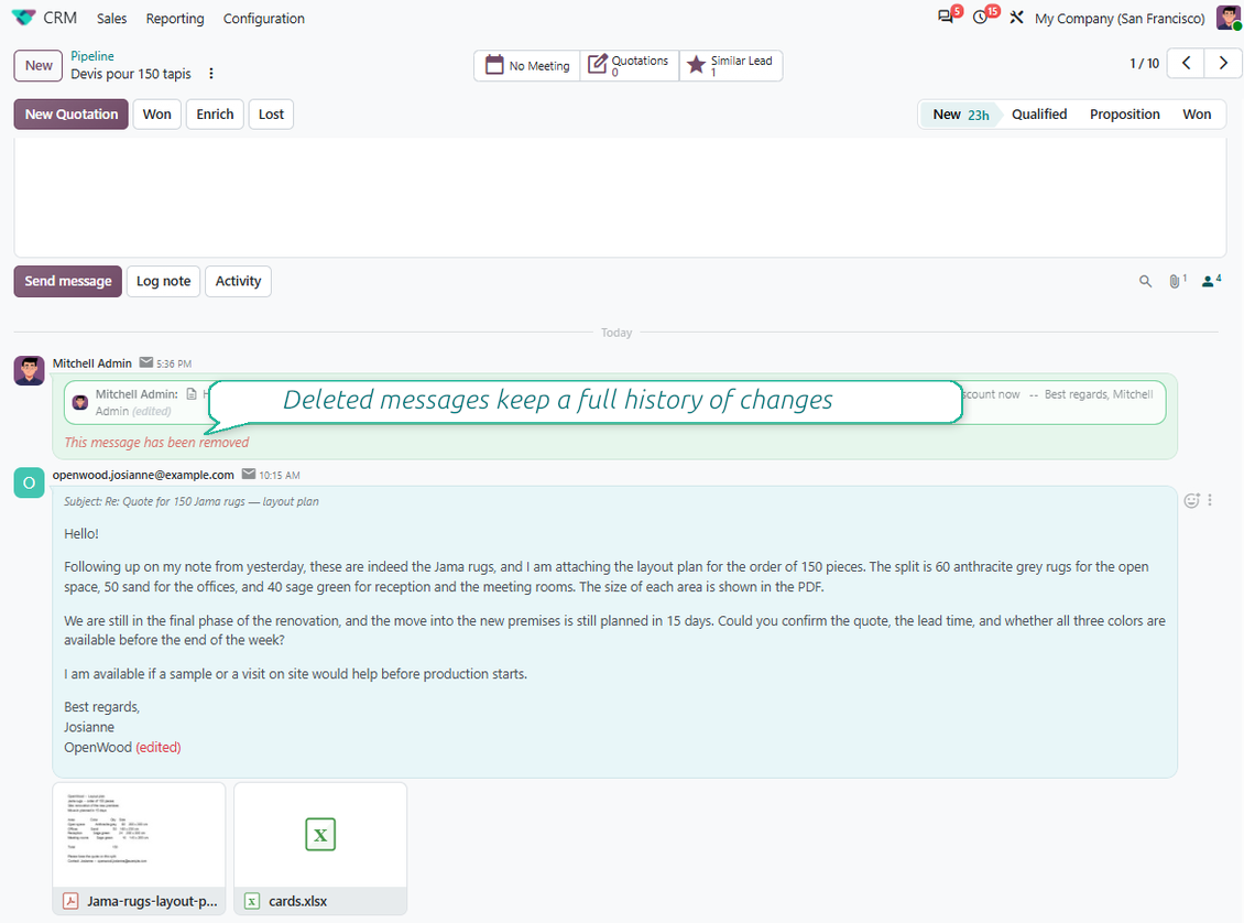 Odoo chatter displaying a distinct label with one-click history access, ensuring users know a message was deleted while keeping the deletion history trackable