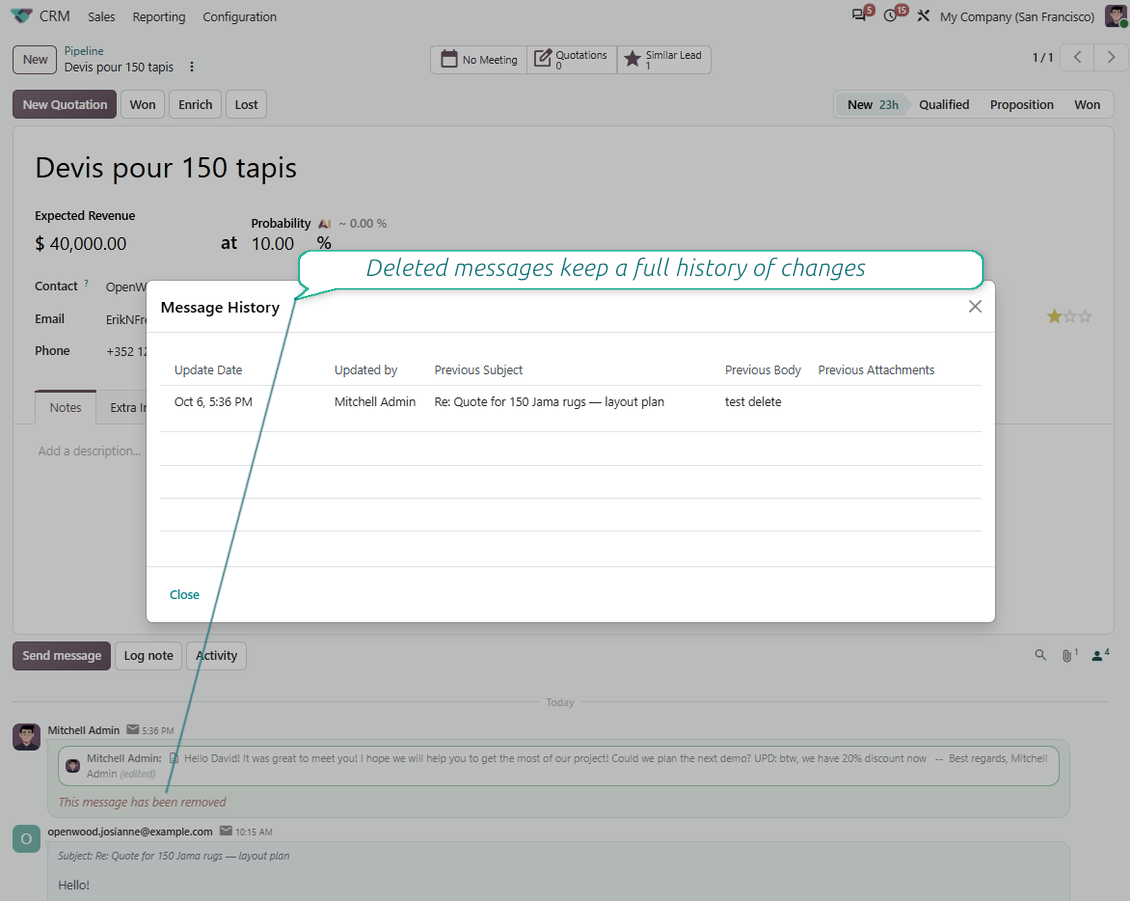 The "Message History" dialog box displaying the user who updated the message, the date of the update, the previous text body, and visual indicators for added or removed file attachments.