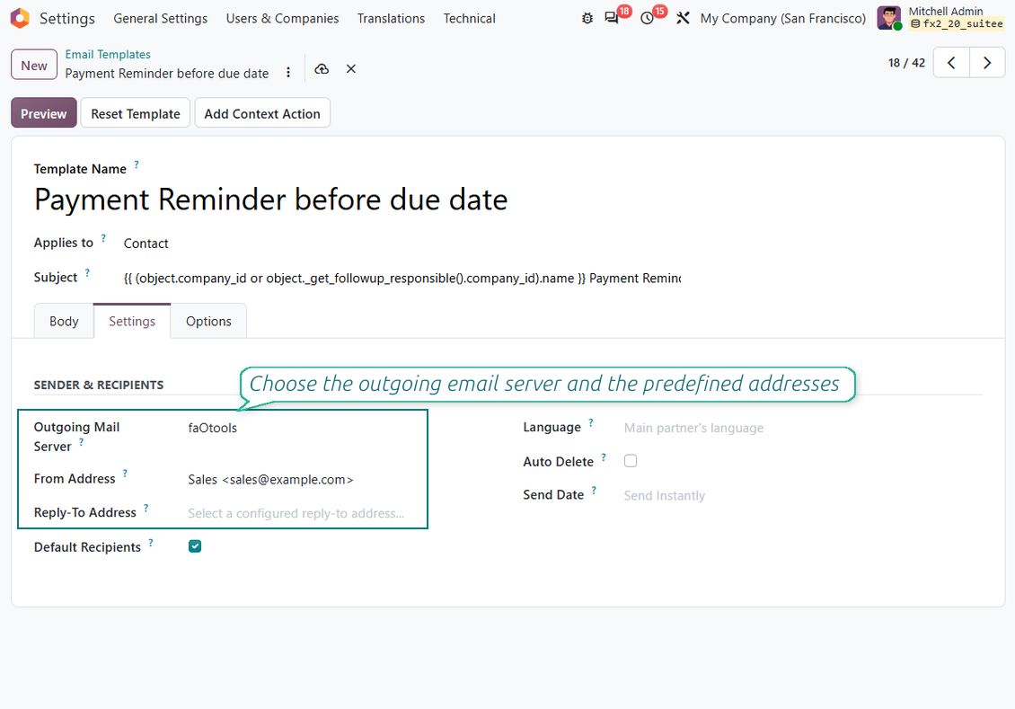 Odoo e-pasta veidnes cilne Settings ar pārvaldītiem From Address, Reply-To Address un izejošā pasta servera atlasītājiem
