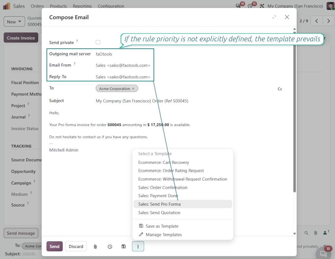 Odoo veidotājs ar veidnes izvēlētiem From un Reply-To, ja neviens metadatu noteikums nepārraksta veidnes noklusējumu