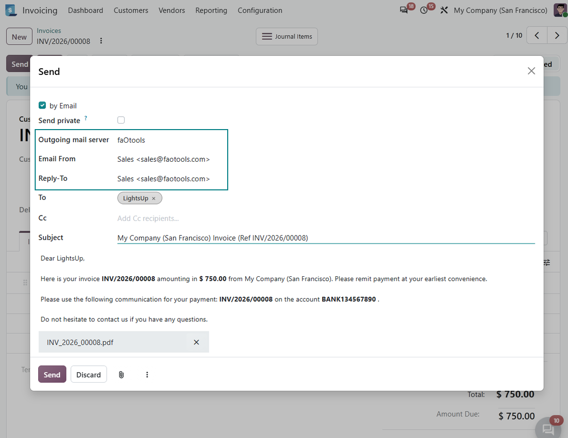 Čarobnjak slanja računa s upravljanim biračima Email From, Reply-To i odlaznog poštanskog poslužitelja iz Odoo Email From