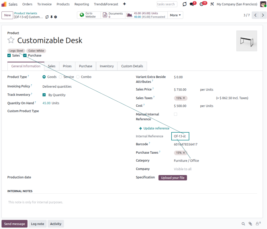 Formulario de producto Odoo con referencia interna generada por reglas Product Dynamic Codes