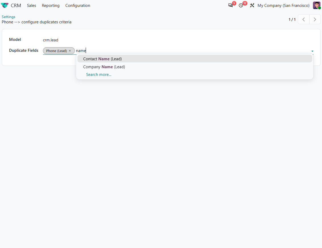 Odoo CRM duplicate criteria field configuration