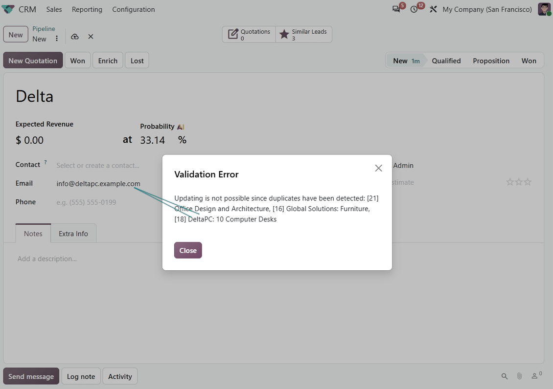Odoo blocks opportunity save on rigid CRM duplicate