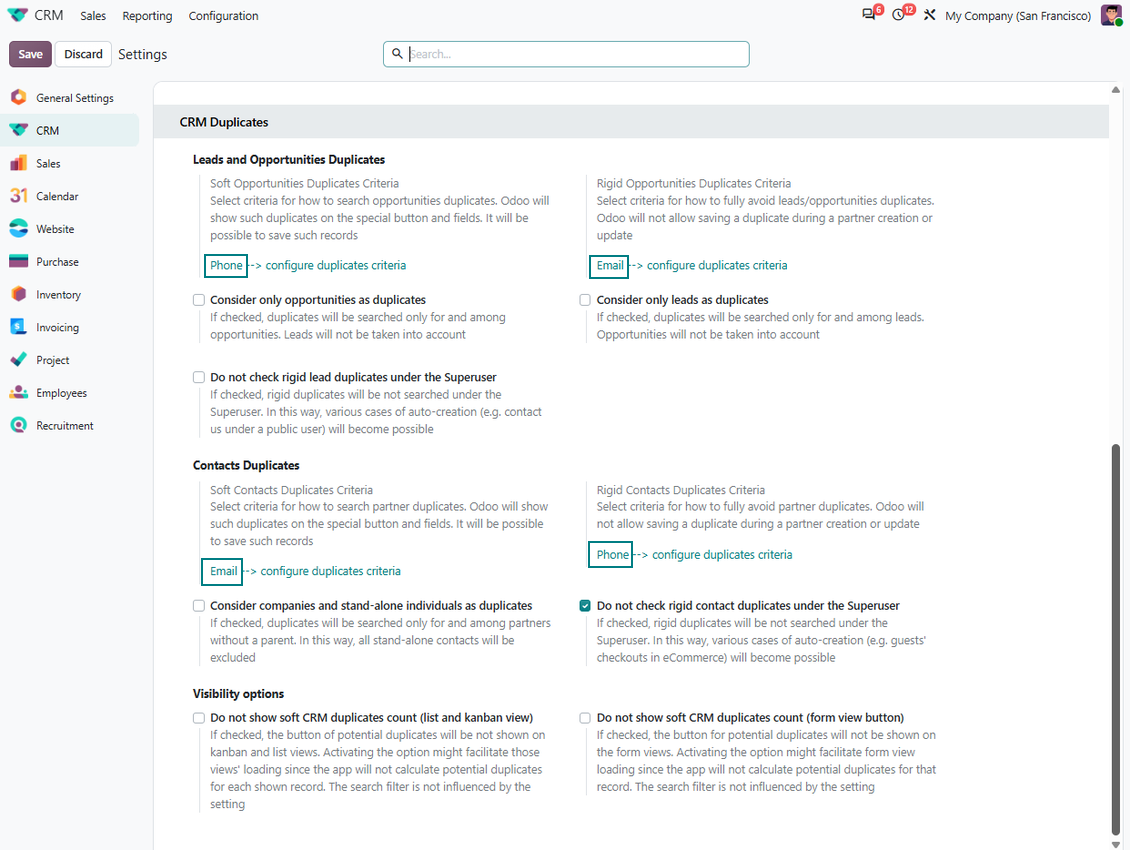 Odoo: configure soft and rigid criteria to search for duplicates