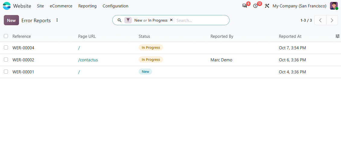 Listenansicht im Odoo-Backend-Dashboard mit allen eingereichten Berichten inkl. Seiten-URL, Status, Melder und Datum
