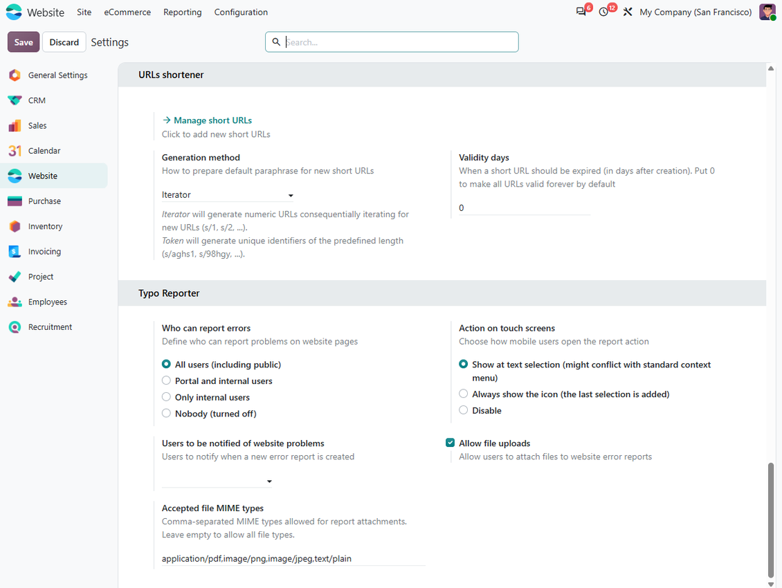 Odoo-Backend-Einstellungsdashboard mit Optionen für Zugriffsrechte, Benachrichtigungen und Touchscreen-Verhalten
