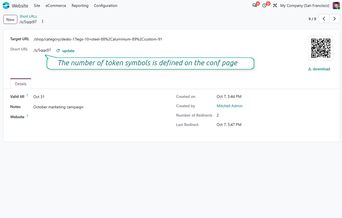 URL shortener settings showing automatic token generation