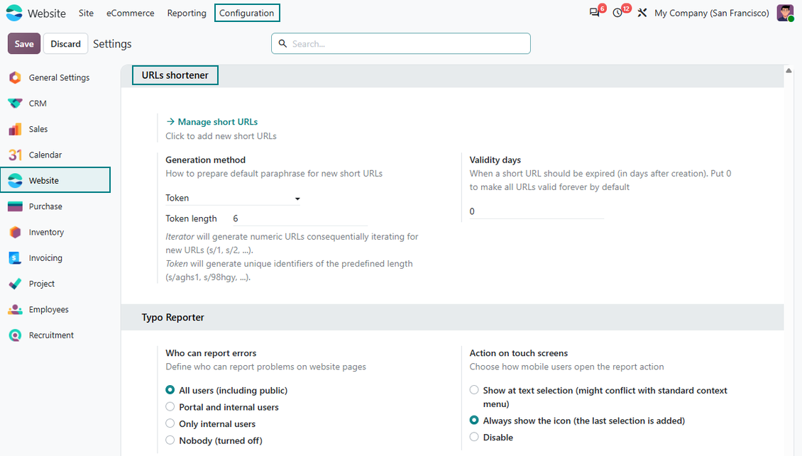 Settings for short urls