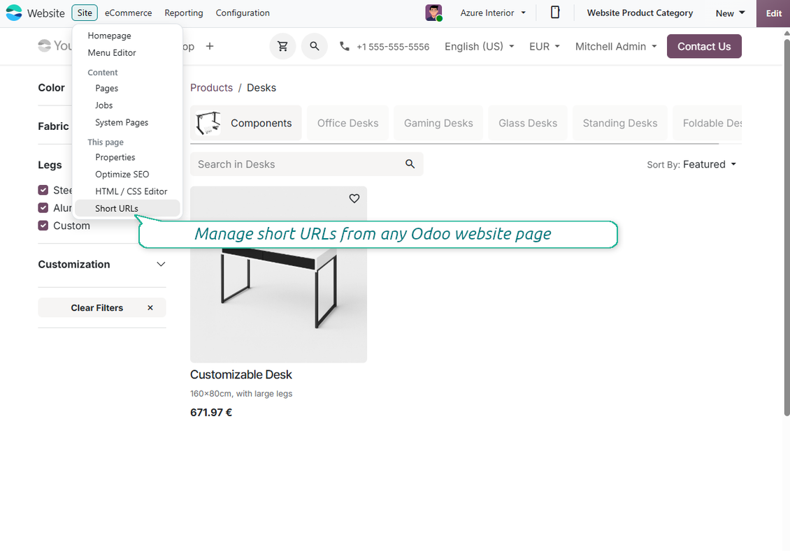 Website Short URLs dialog to create and update tokens