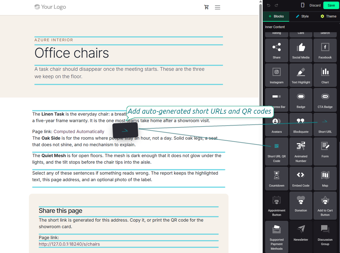 Odoo website snippets for short link and QR code