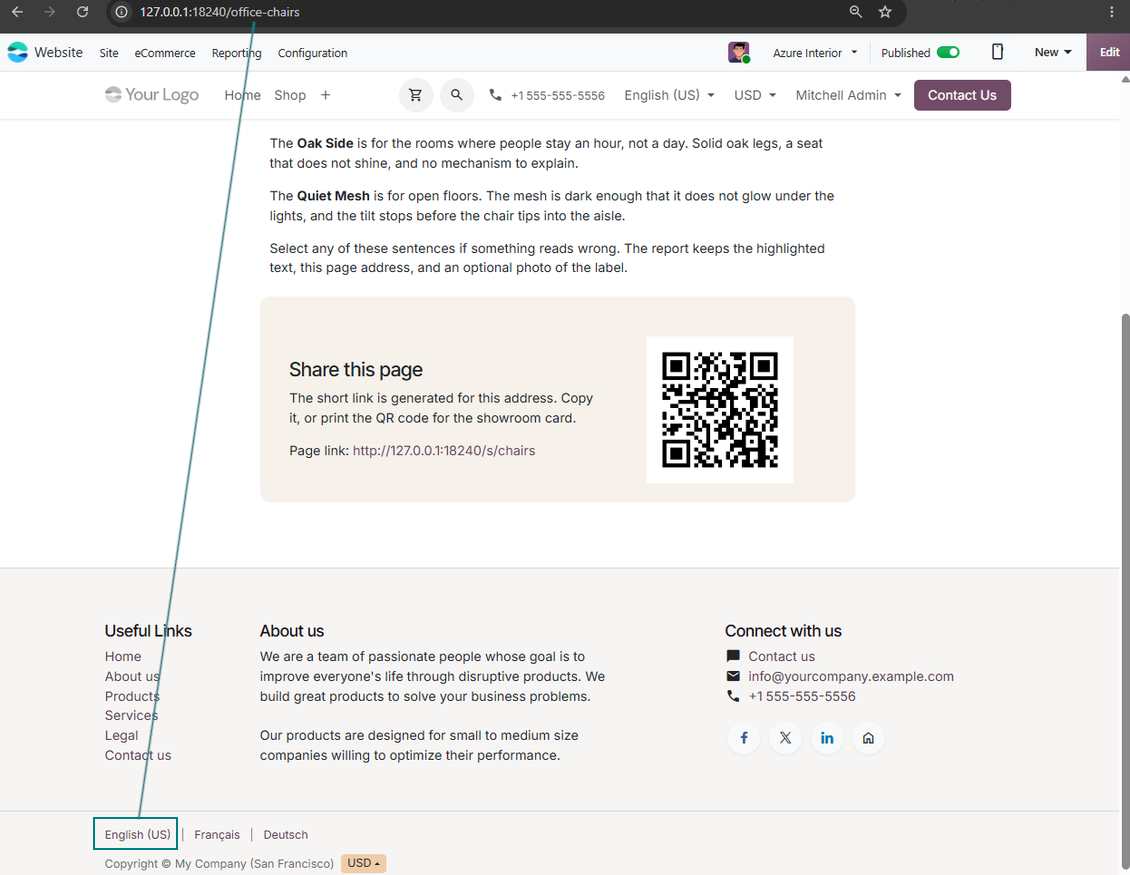 Default Odoo website page address before language-specific URL transliteration