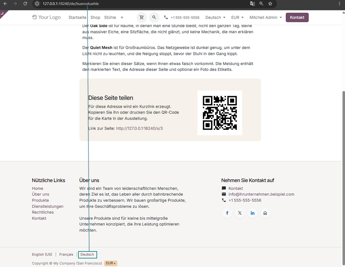 Language-specific Odoo website page address shown after selecting another website language