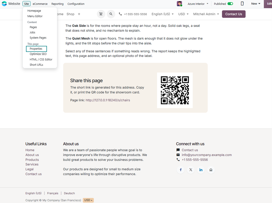 Odoo website page properties opened on the URL Transliterations tab to add localized page URLs