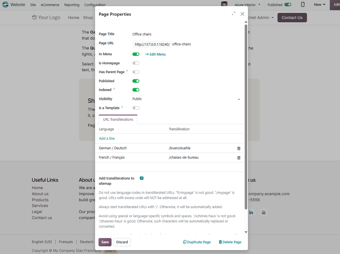 Odoo website page form with URL transliterations for installed languages