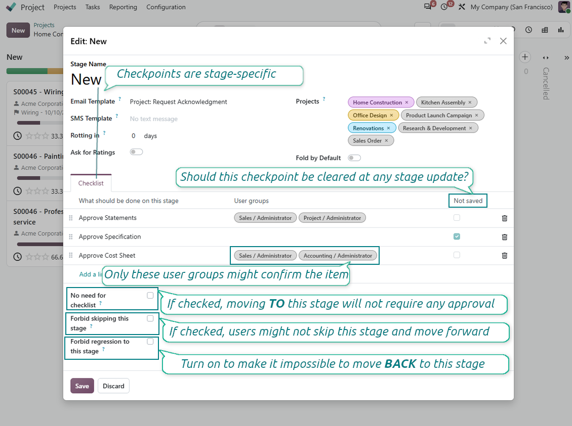 Check items per project stage