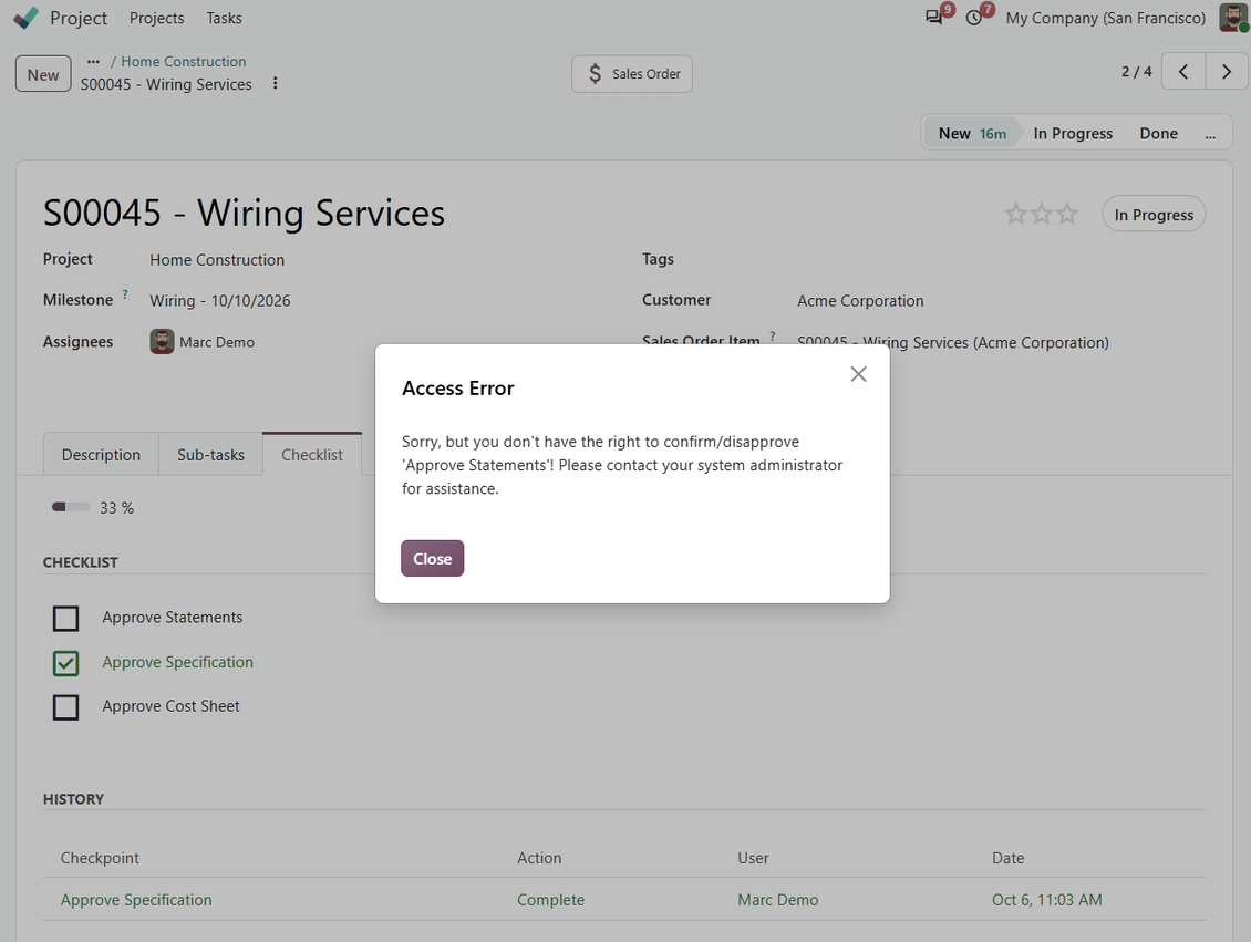 User groups per Odoo task checkpoint