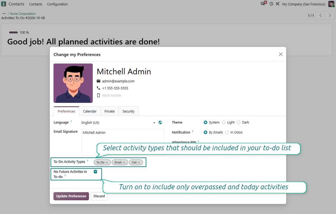 Activity types: Odoo user preferences