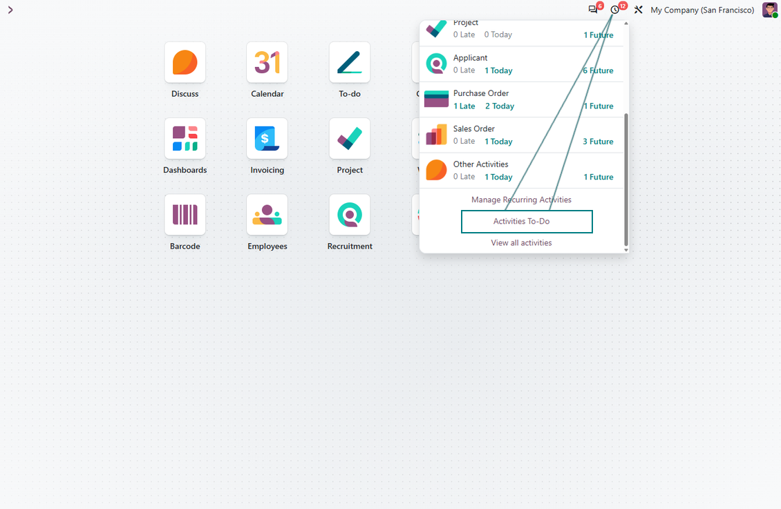 Odoo activities interface: shortcut