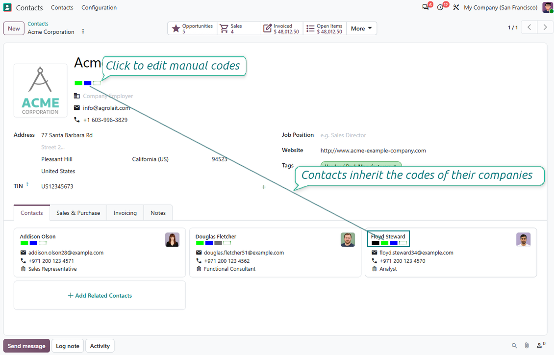 Odoo contact form showing partner color coding boxes for scoring