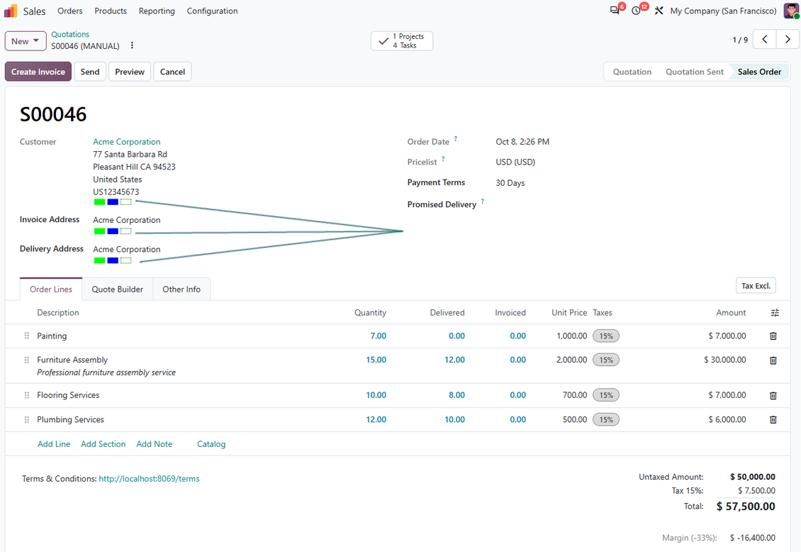 Odoo sales order showing customer partner color coding under the customer